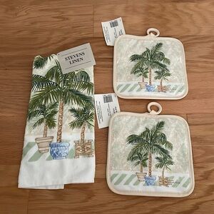NWT Kitchen Towel 2 Potholders Set Palm Tree Decor, Blue & White China Decor